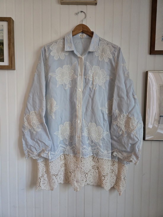 POL Tops - POL Light Blue Floral And Lace Embroidered Collar Button-Up Tunic